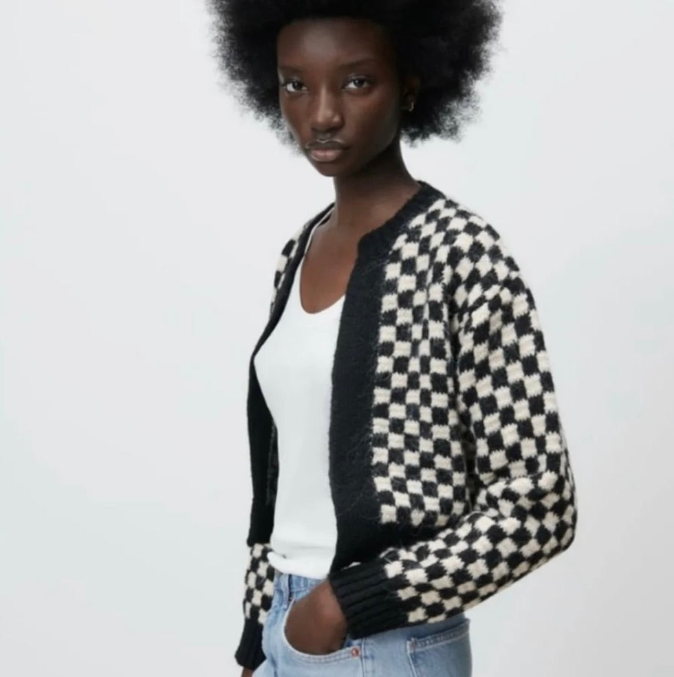 ZARA Cropped Checkerboard Cardigan Sweater Black Off White Knitwear Retro Small