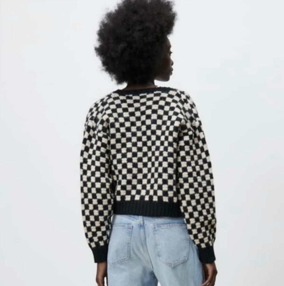 ZARA Cropped Checkerboard Cardigan Sweater Black Off White Knitwear Retro Small