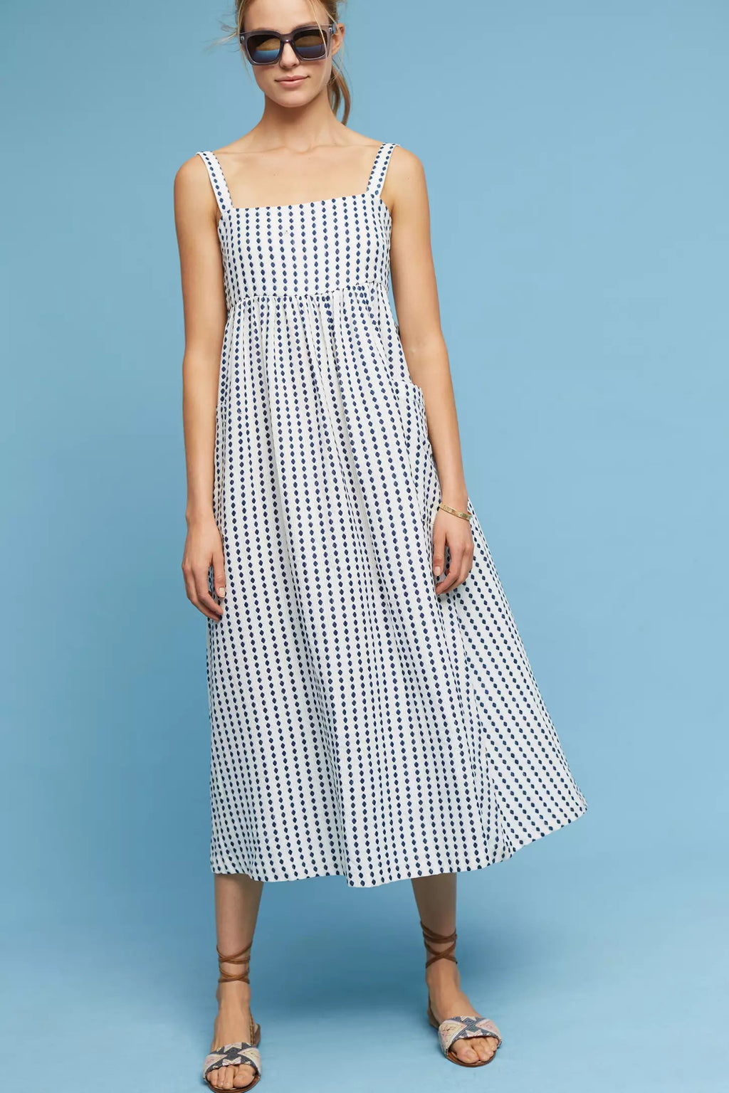 Anthropologie MARA HOFFMAN Patch Pocket Midi Dress Blue White Polka Dot Medium