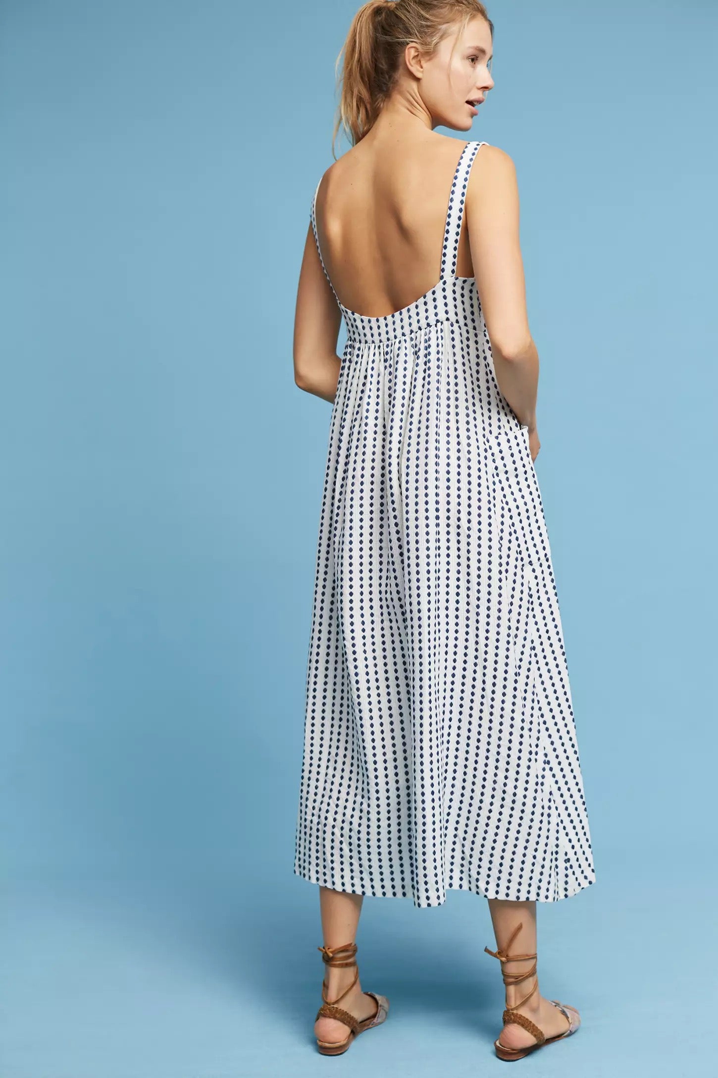 Anthropologie MARA HOFFMAN Patch Pocket Midi Dress Blue White Polka Dot Medium