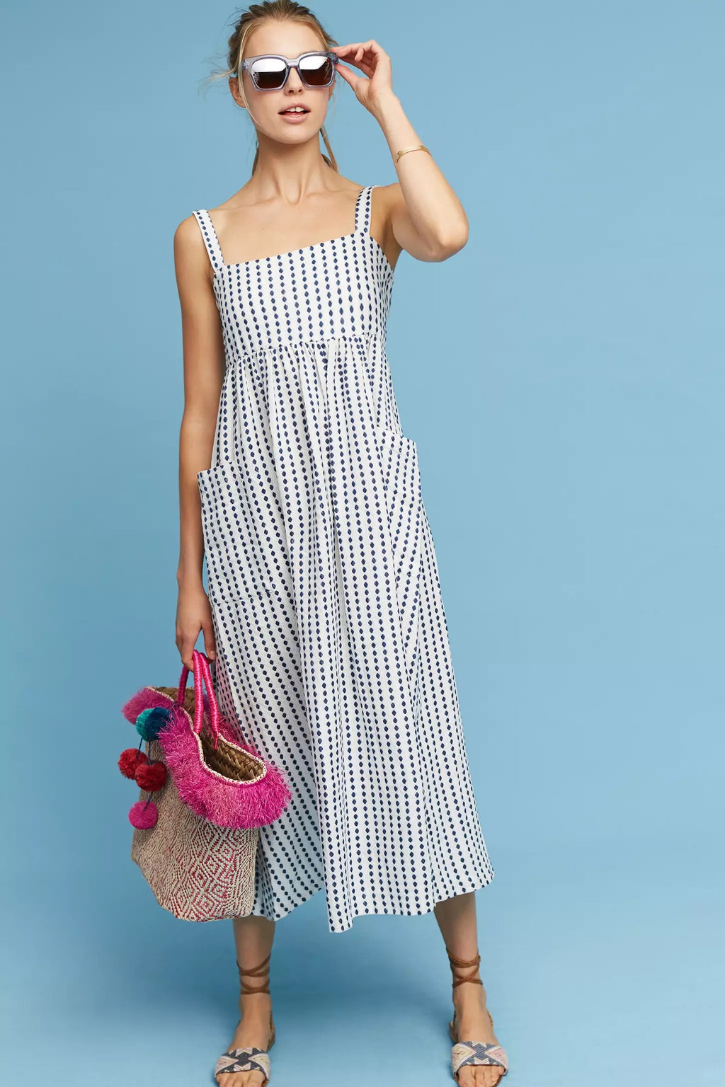 Anthropologie MARA HOFFMAN Patch Pocket Midi Dress Blue White Polka Dot Medium