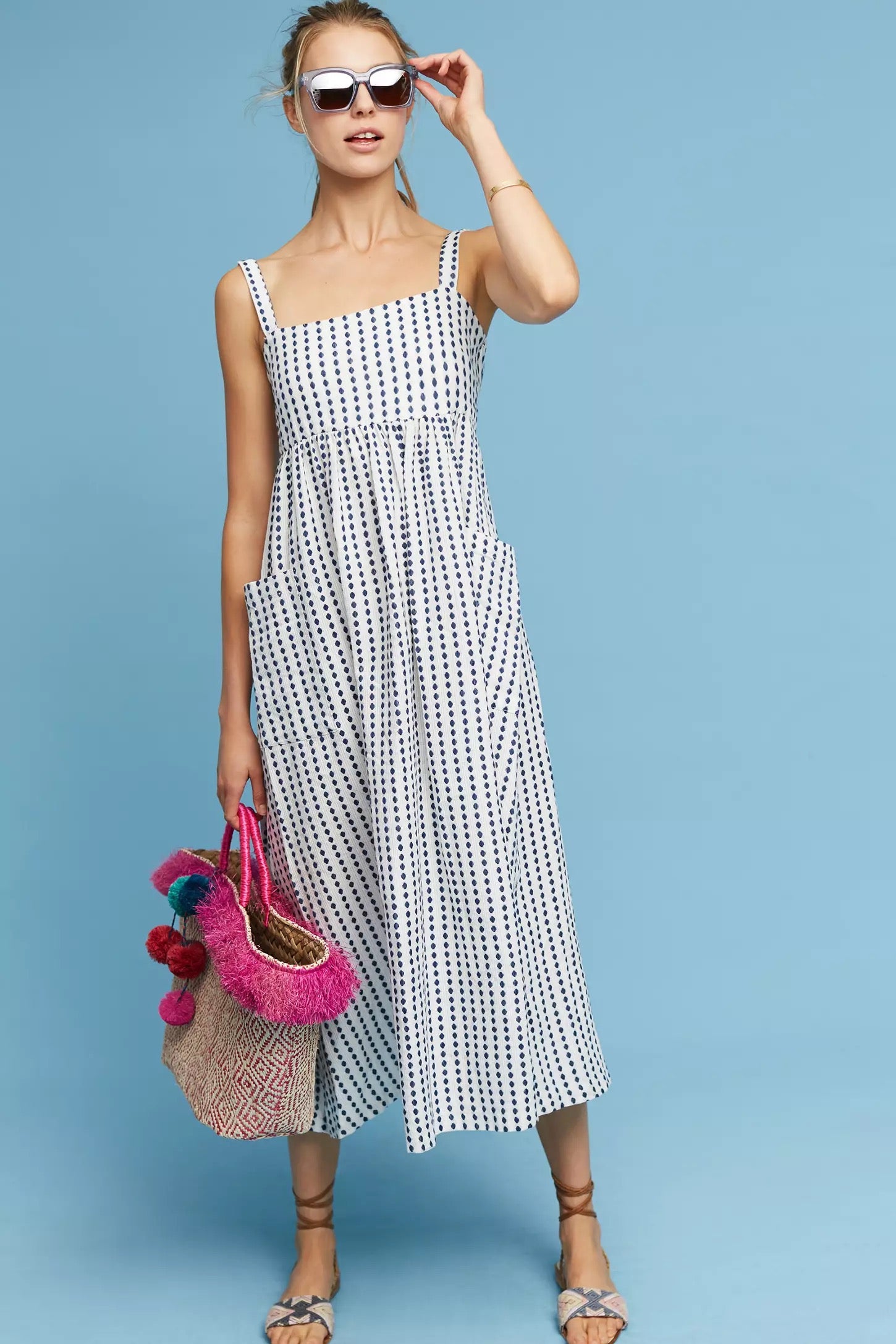 Anthropologie MARA HOFFMAN Patch Pocket Midi Dress Blue White Polka Dot Medium