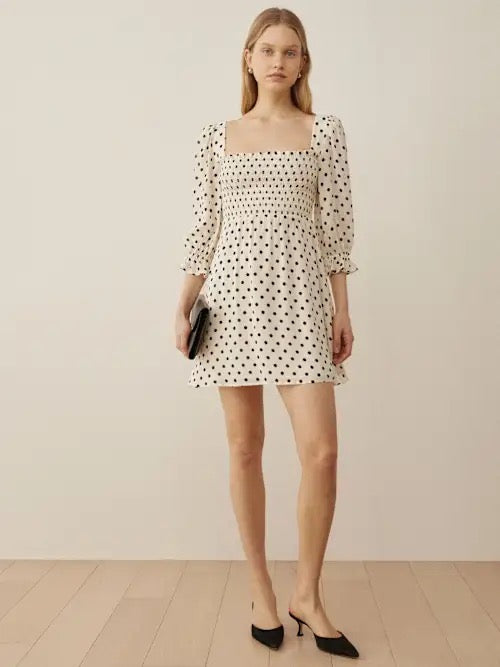 REFORMATION Zaria Dress Portofino Polka Dot Black White Smocked Mini Dress XS
