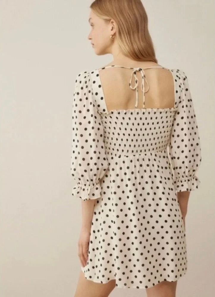 REFORMATION Zaria Dress Portofino Polka Dot Black White Smocked Mini Dress XS