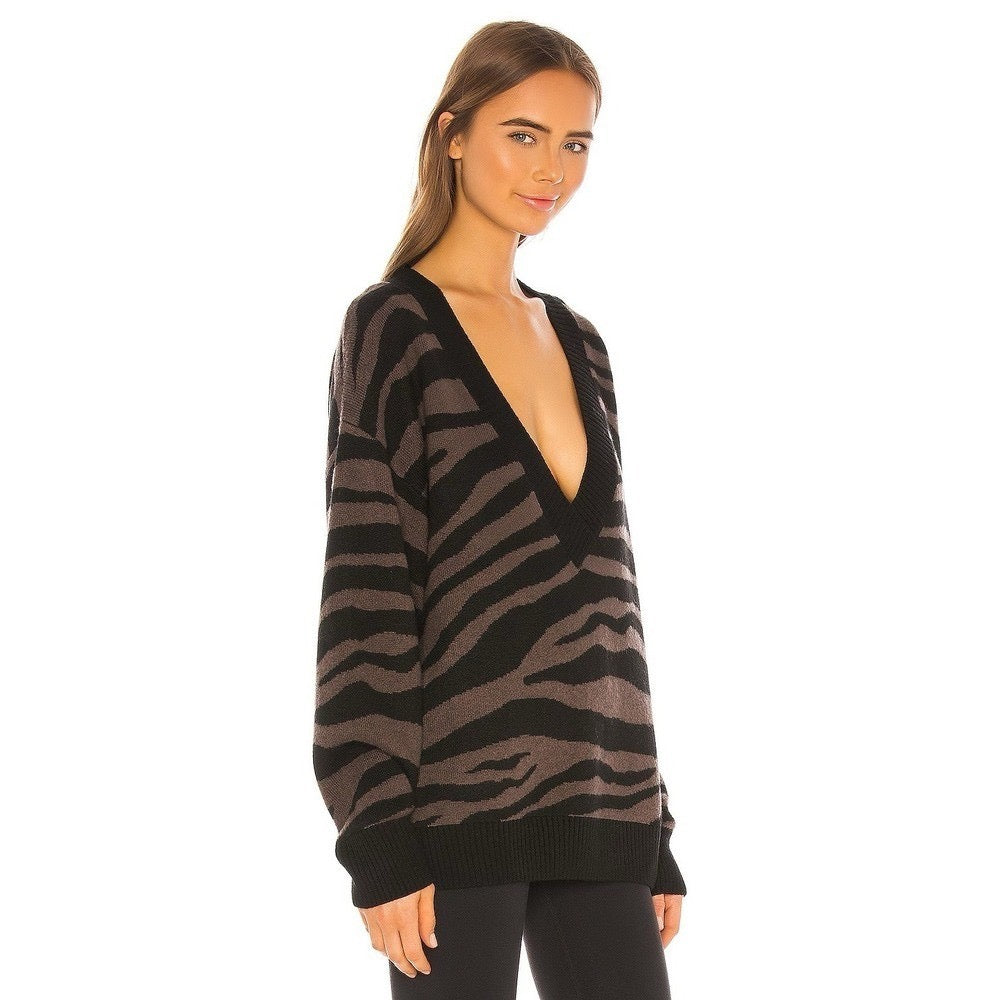 VARLEY Calvert Sweater Bracken Black Zebra Animal Print Merino Wool Blend Large