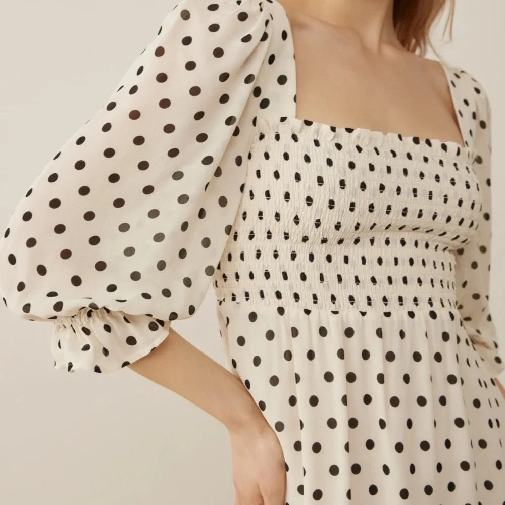 REFORMATION Zaria Dress Portofino Polka Dot Black White Smocked Mini Dress XS