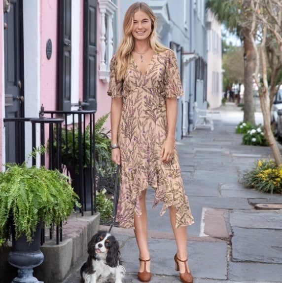 SUNDANCE Lilac Springs Floral Asymmetrical Ruffle Midi Dress Romantic Medium
