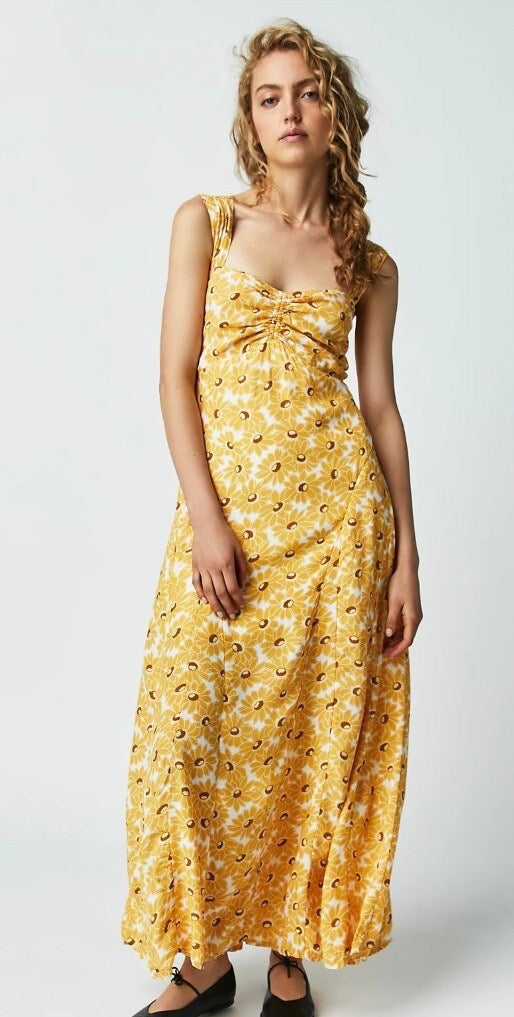 FREE PEOPLE Rosalee Midi Dress Yellow Combo Floral Cutout Back Boho X-Small