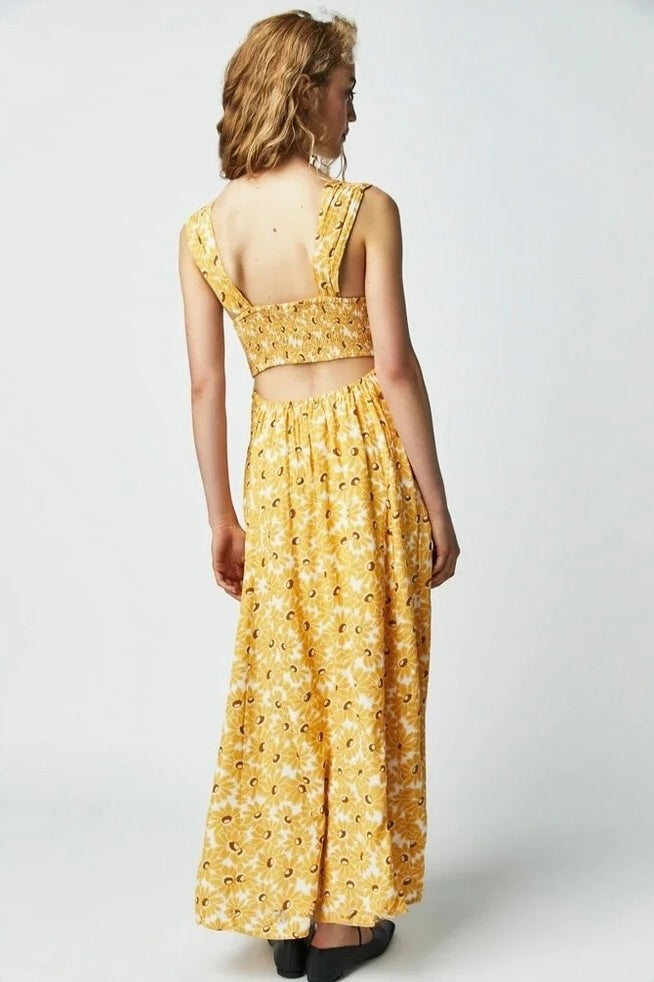 FREE PEOPLE Rosalee Midi Dress Yellow Combo Floral Cutout Back Boho X-Small