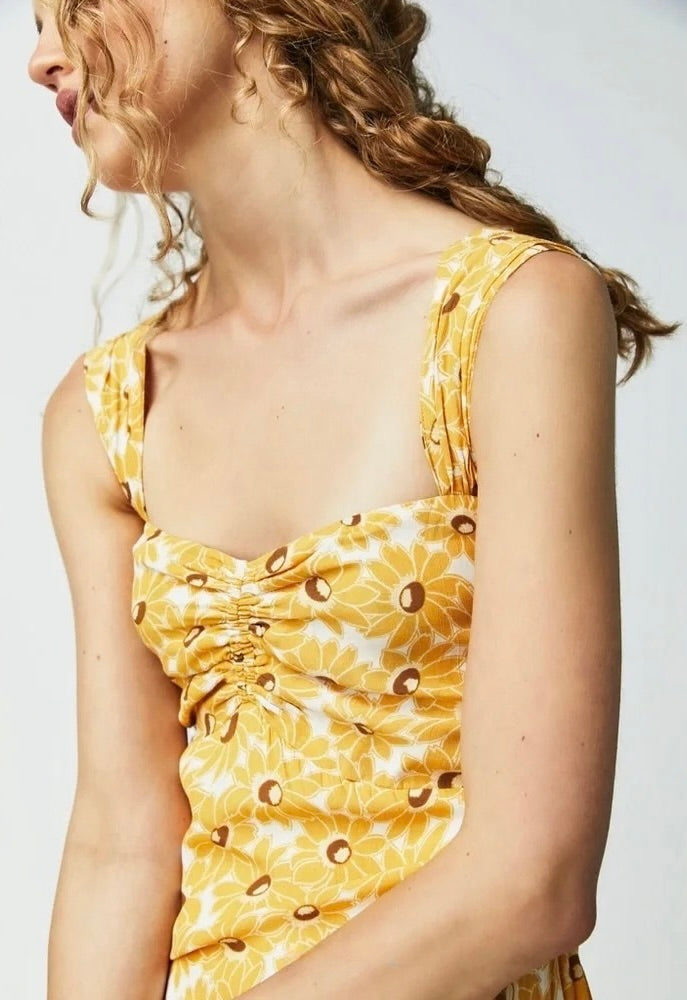 FREE PEOPLE Rosalee Midi Dress Yellow Combo Floral Cutout Back Boho X-Small