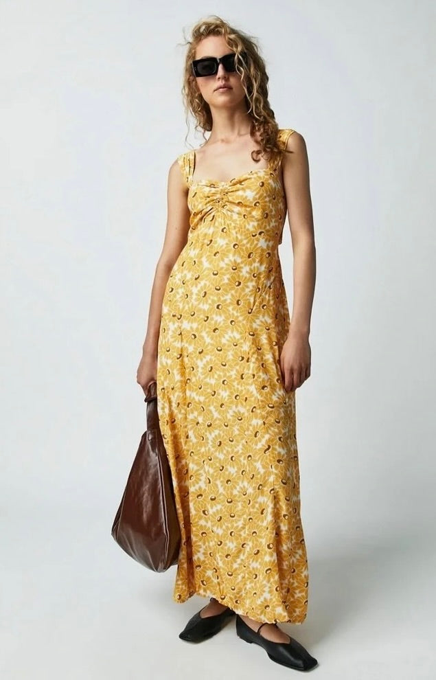 FREE PEOPLE Rosalee Midi Dress Yellow Combo Floral Cutout Back Boho X-Small