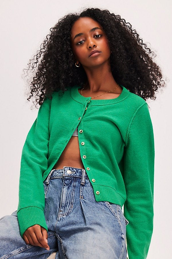 NWT FREE PEOPLE Nocturnal Wool Cashmere Cardigan Jade Green Solid Sweater Medium