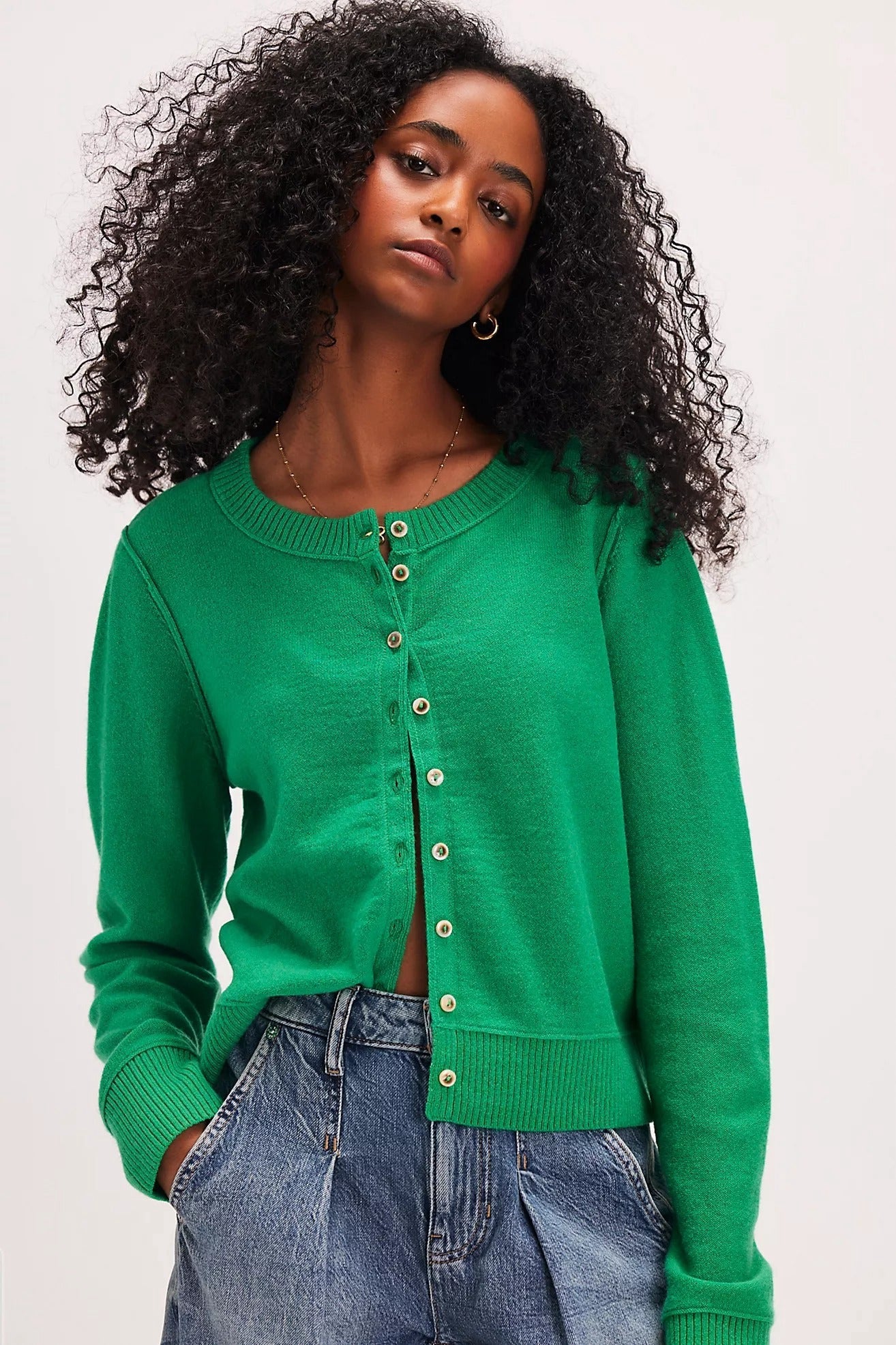 NWT FREE PEOPLE Nocturnal Wool Cashmere Cardigan Jade Green Solid Sweater Medium