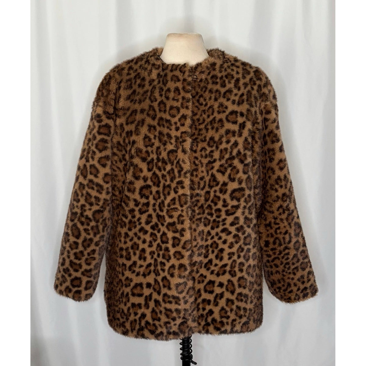 ZARA Leopard Animal Print Faux Fur Coat Jacket Medium Hook Front Lined Medium