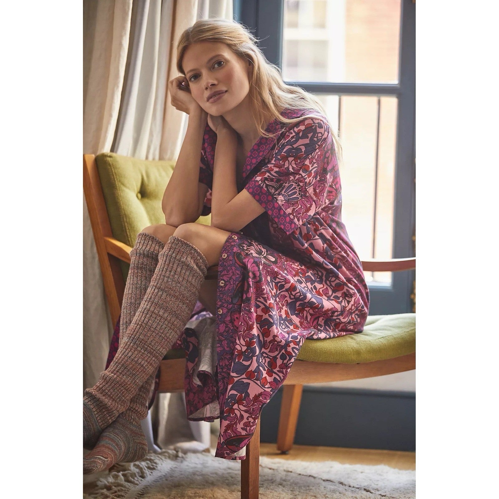 Alexandra Farmer ANTHROPOLOGIE Whimsy Flannel Sleep Dress Floral Butterfly M