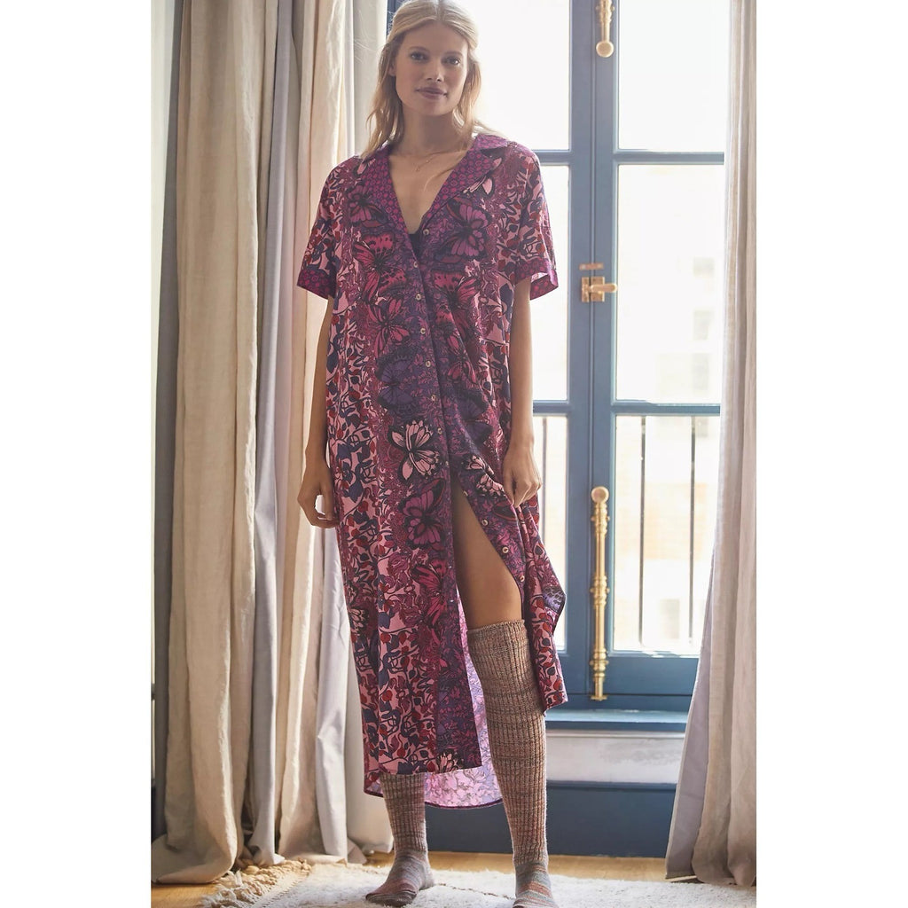 Alexandra Farmer ANTHROPOLOGIE Whimsy Flannel Sleep Dress Floral Butterfly M