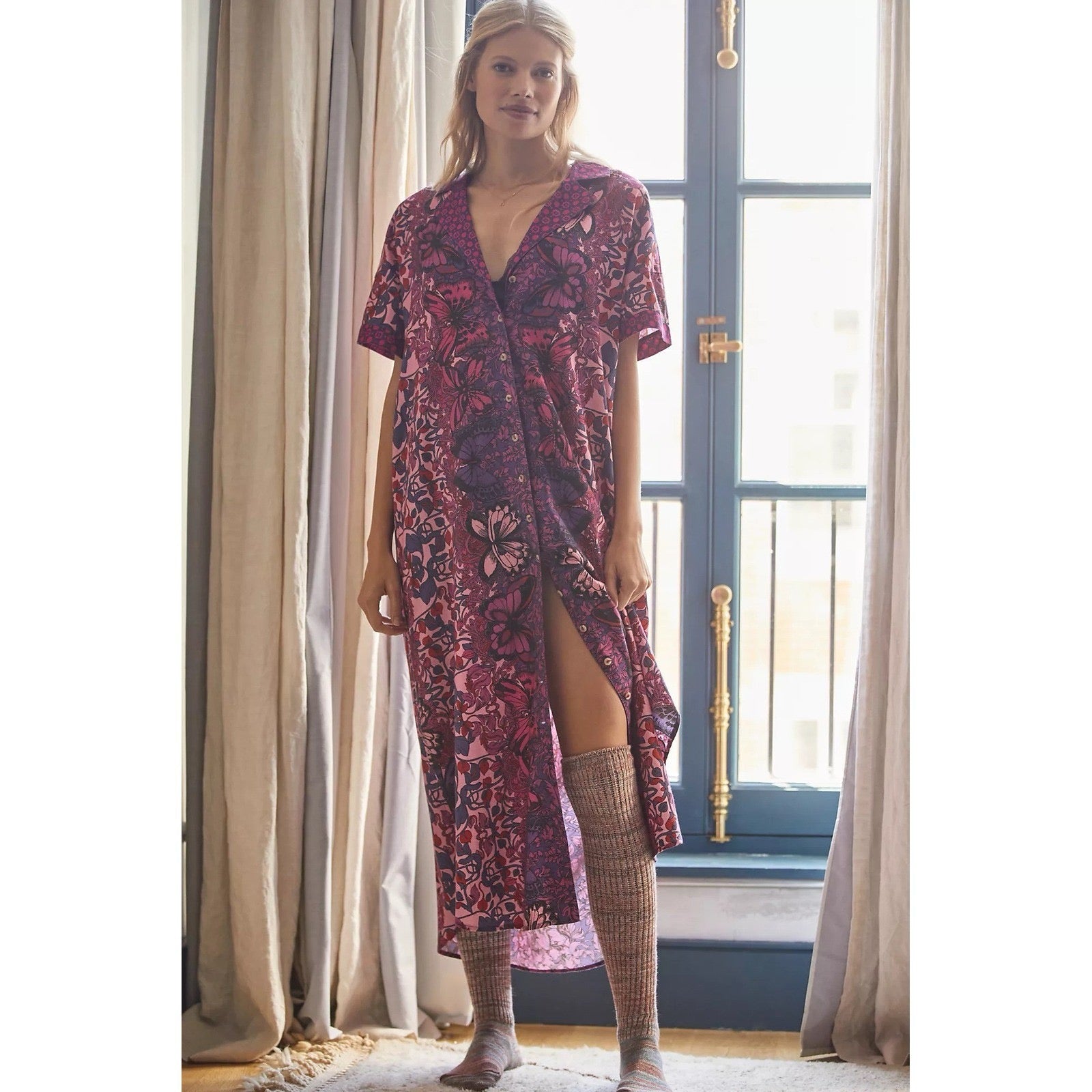 Alexandra Farmer ANTHROPOLOGIE Whimsy Flannel Sleep Dress Floral Butterfly M