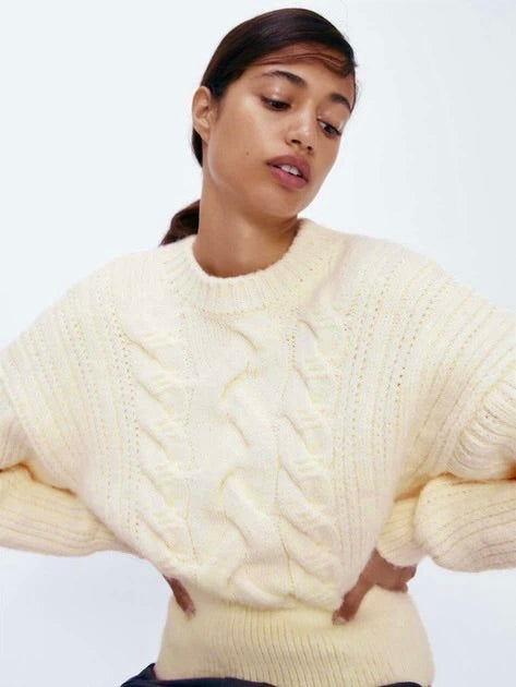 ZARA Cable Knit Chunky Sweater Solid Ivory Knit Knitwear Preppy Chic Medium
