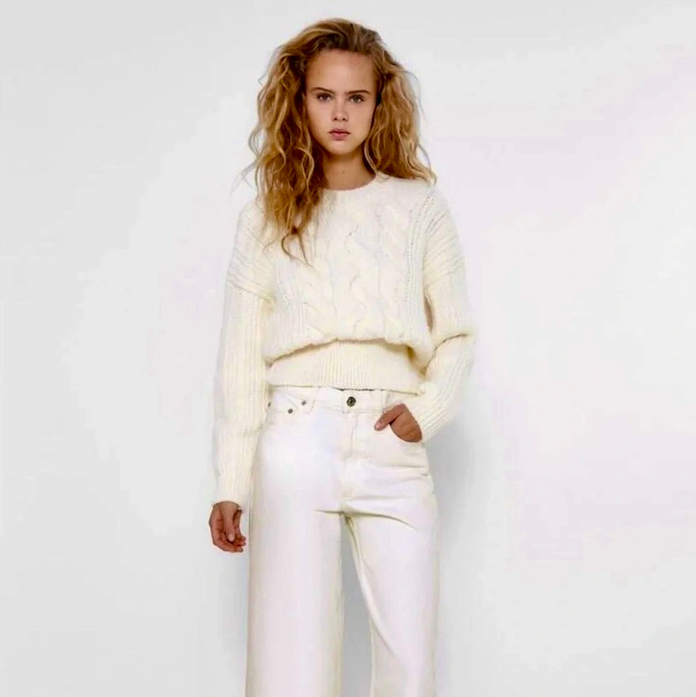 ZARA Cable Knit Chunky Sweater Solid Ivory Knit Knitwear Preppy Chic Medium