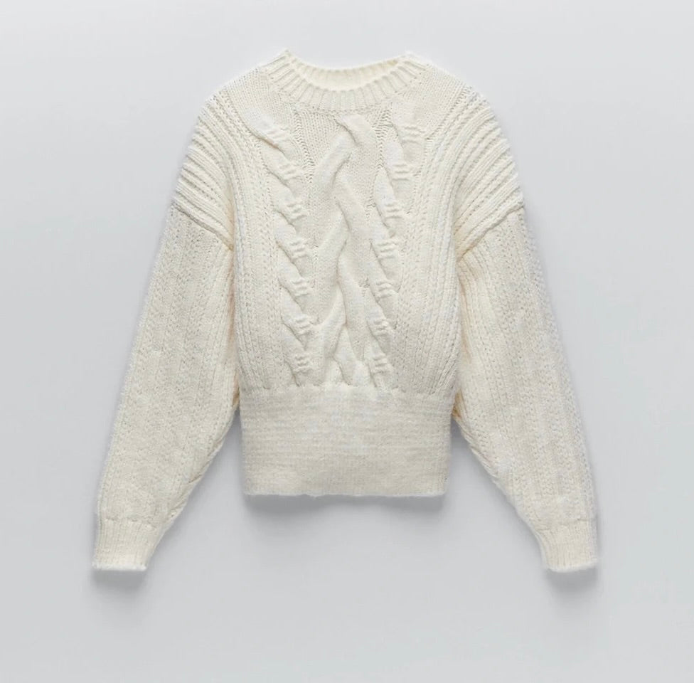 ZARA Cable Knit Chunky Sweater Solid Ivory Knit Knitwear Preppy Chic Medium