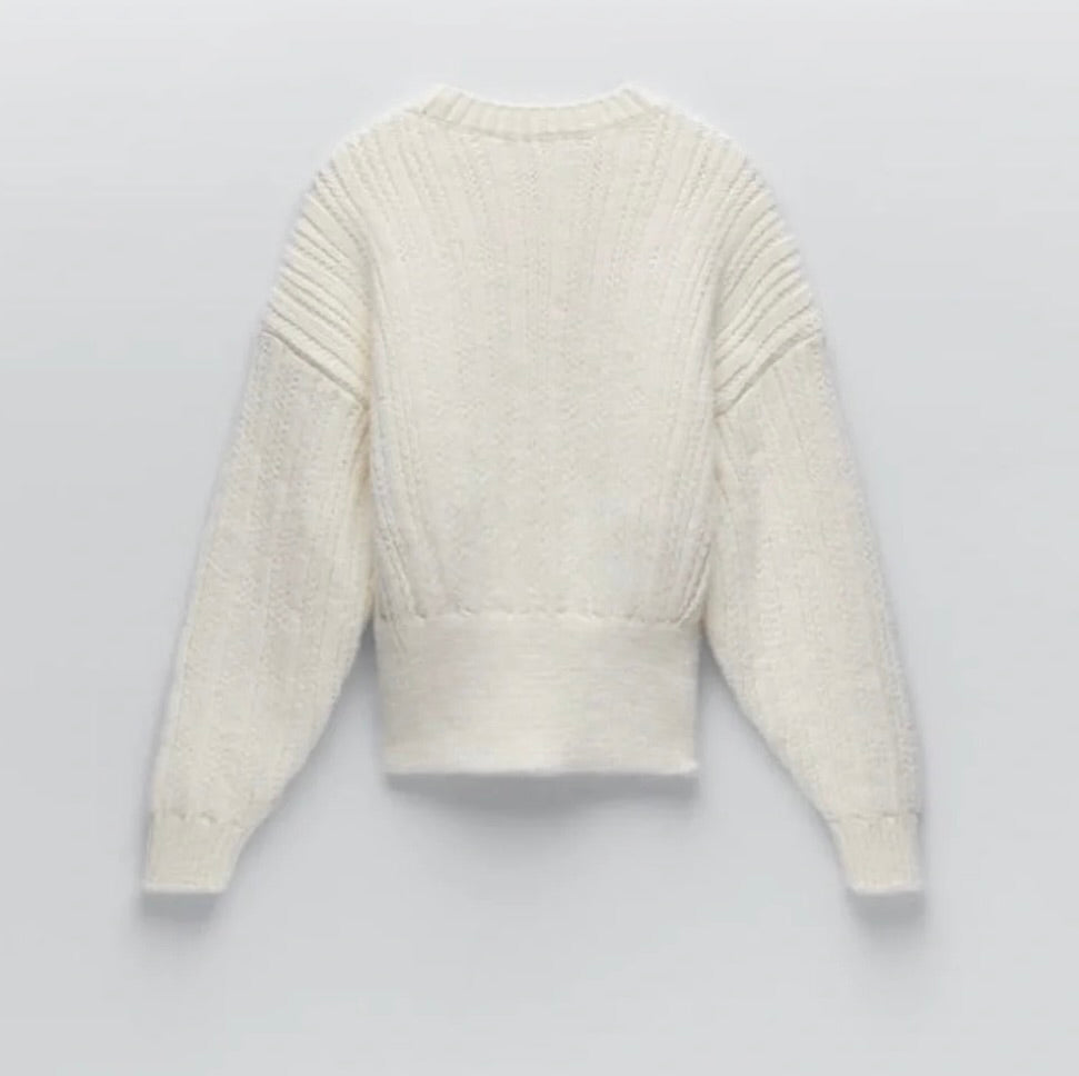 ZARA Cable Knit Chunky Sweater Solid Ivory Knit Knitwear Preppy Chic Medium