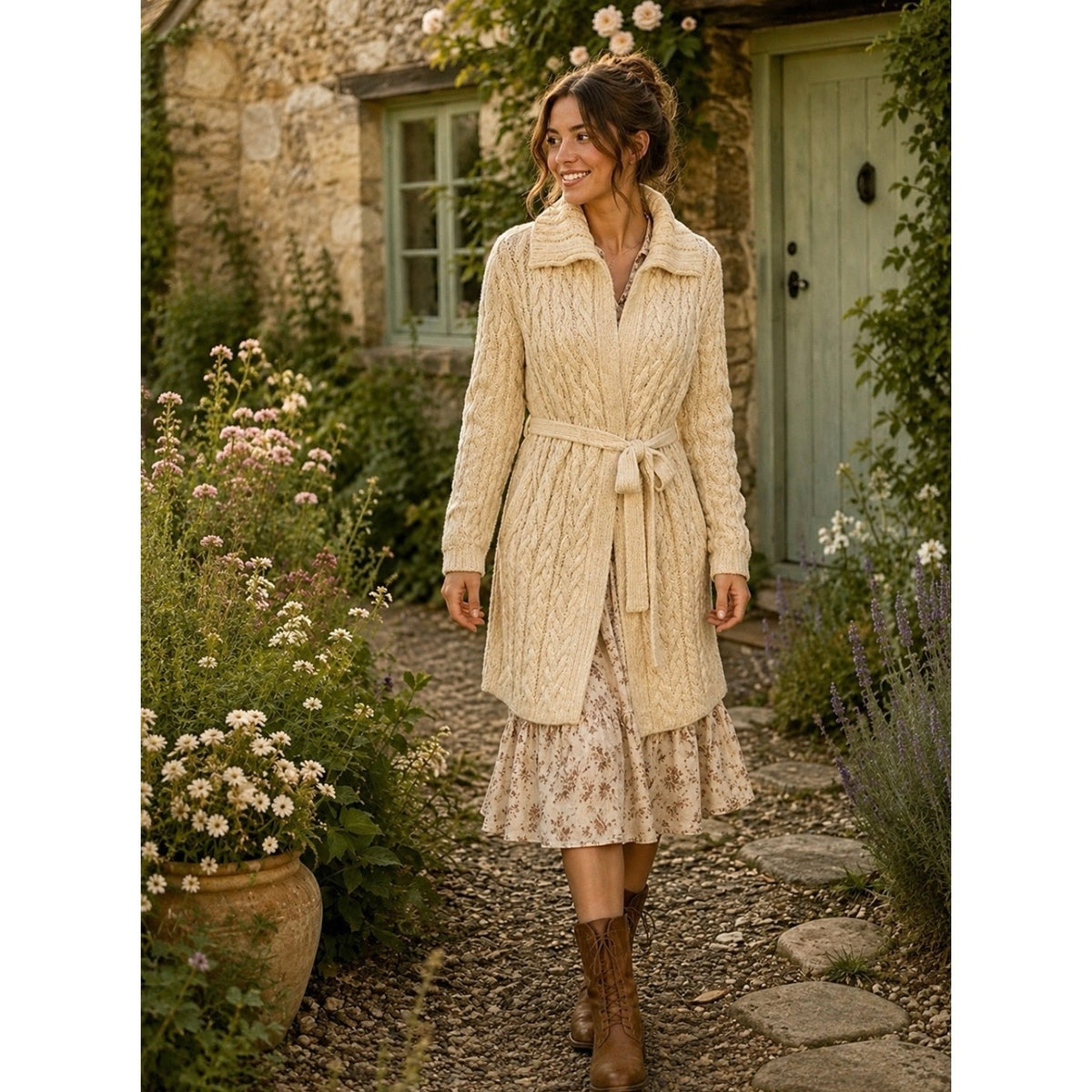 CARRAIG DONN CarraigDonn Irish Wool Cable Knit Long Cardigan Belted Cream Medium
