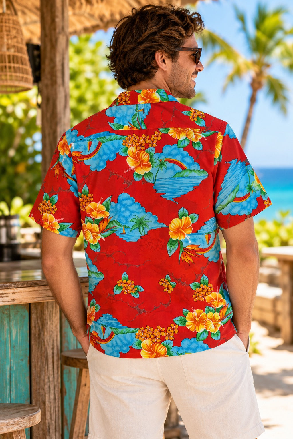 Vintage 1980s HILO HATTIE Hawaiian Aloha Shirt Red Rainbow Floral Large