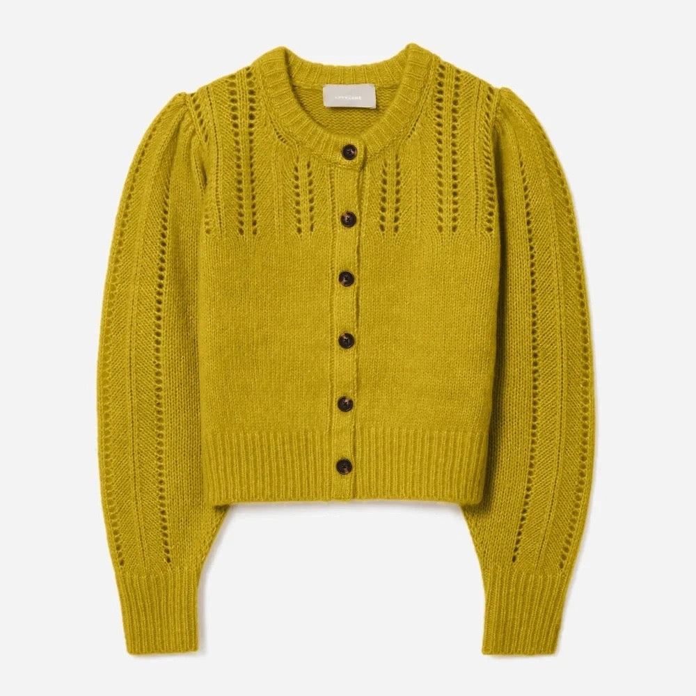 EVERLANE Pointelle Cardigan Cloud Merino Wool Alpaca Puff Sleeve Yellow X-Small