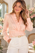 WINTERSILKS Pink 100% Silk Front Ruffle Blouse Long Sleeve Feminine Large