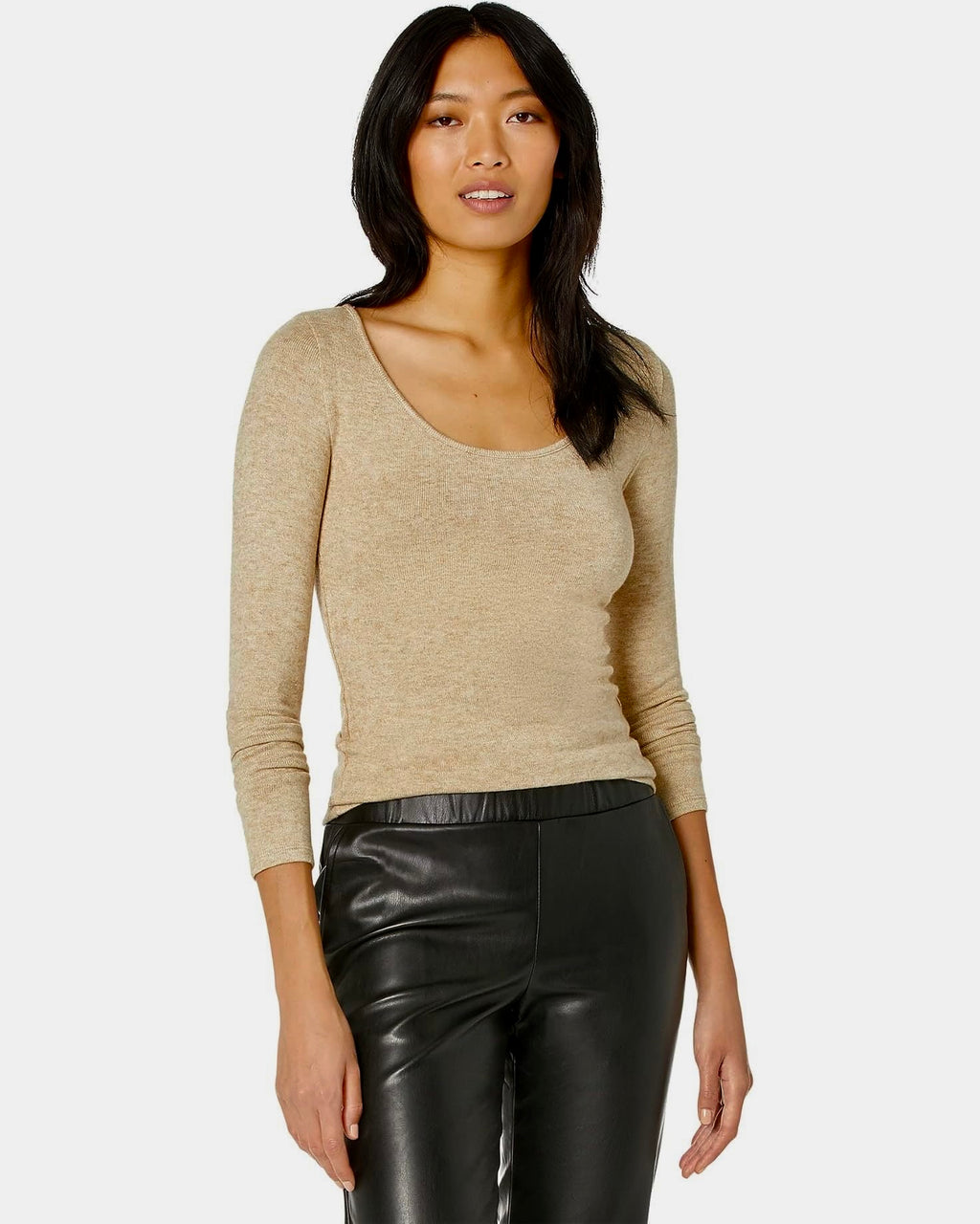 VINCE Scoop Neck Stretch Knit Long Sleeve Pullover Top Beige Tan Knitwear XS
