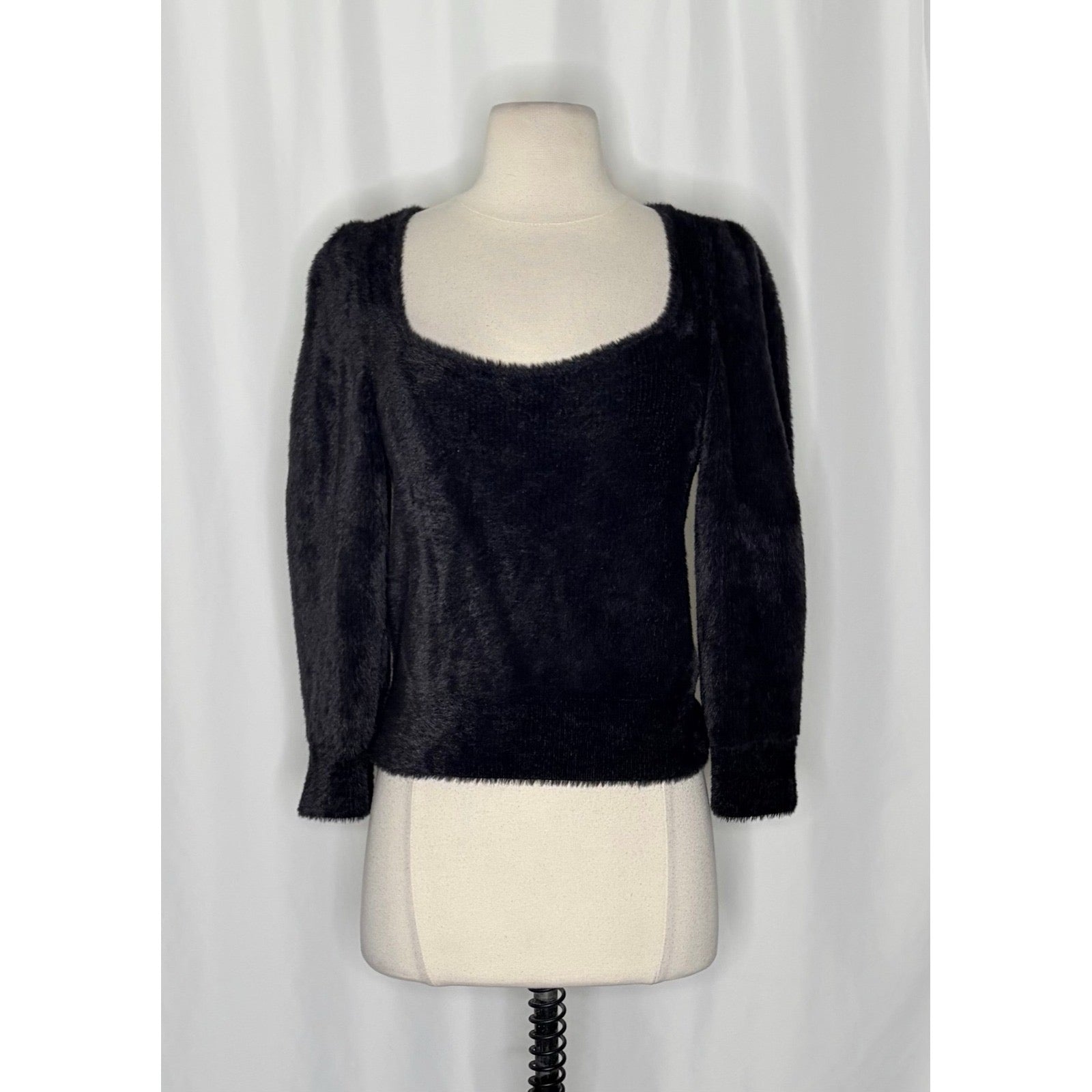 FREE PEOPLE Moonbeam Pullover Black Fuzzy Sweater 3/4 Sleeves Solid Scoop Small