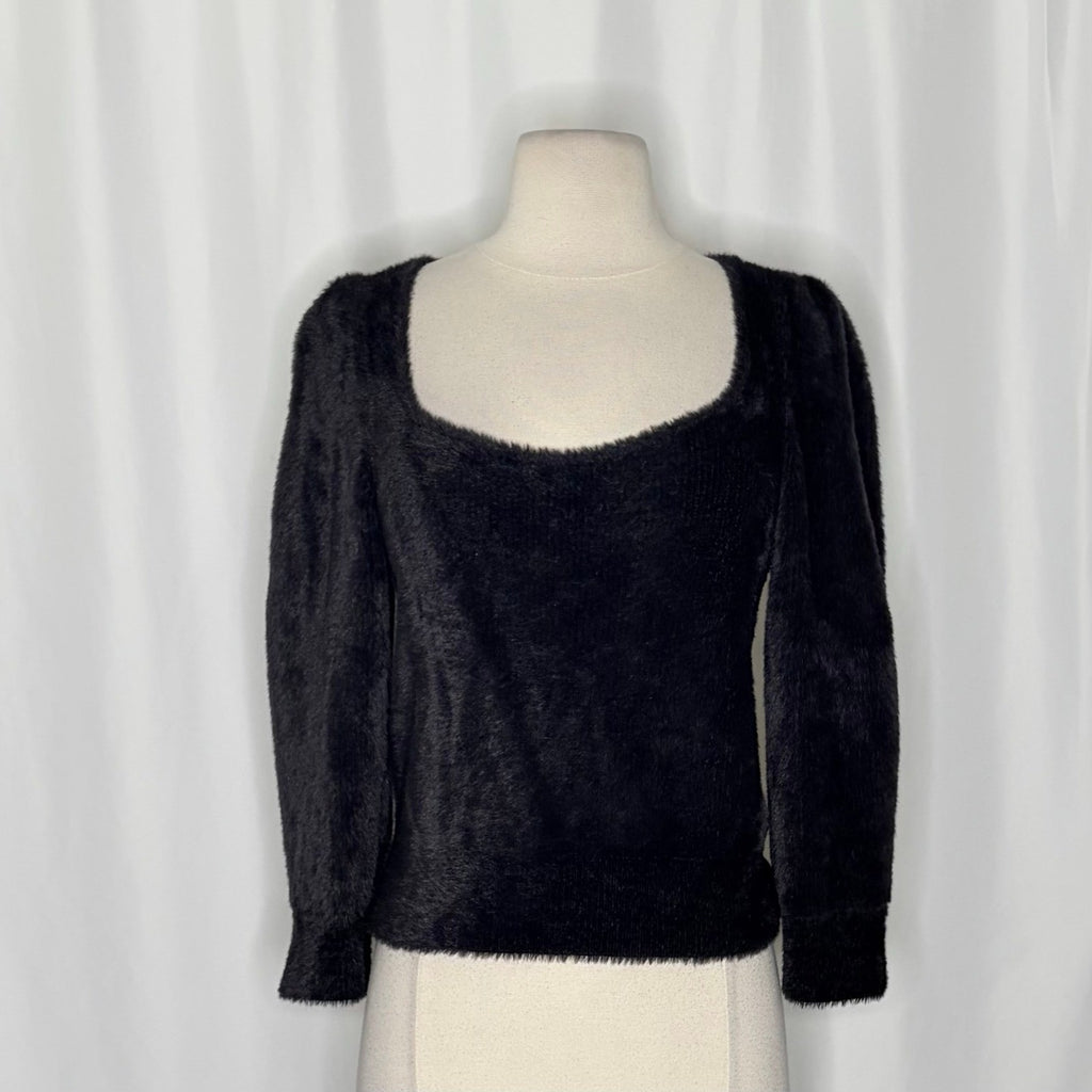 FREE PEOPLE Moonbeam Pullover Black Fuzzy Sweater 3/4 Sleeves Solid Scoop Small