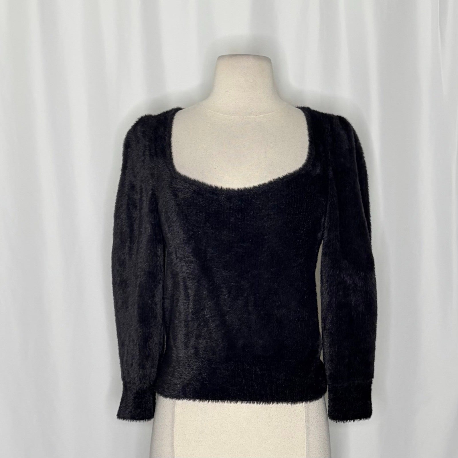 FREE PEOPLE Moonbeam Pullover Black Fuzzy Sweater 3/4 Sleeves Solid Scoop Small