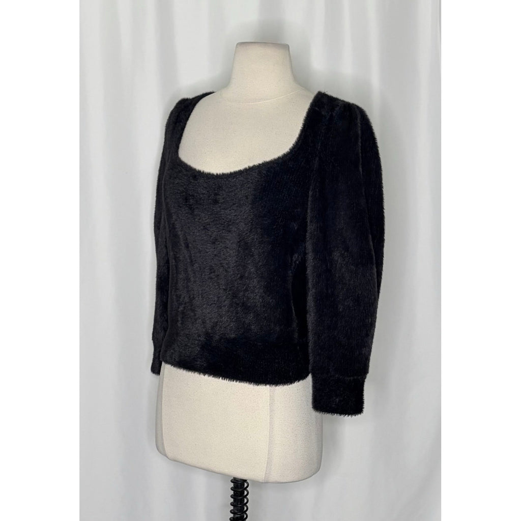 FREE PEOPLE Moonbeam Pullover Black Fuzzy Sweater 3/4 Sleeves Solid Scoop Small
