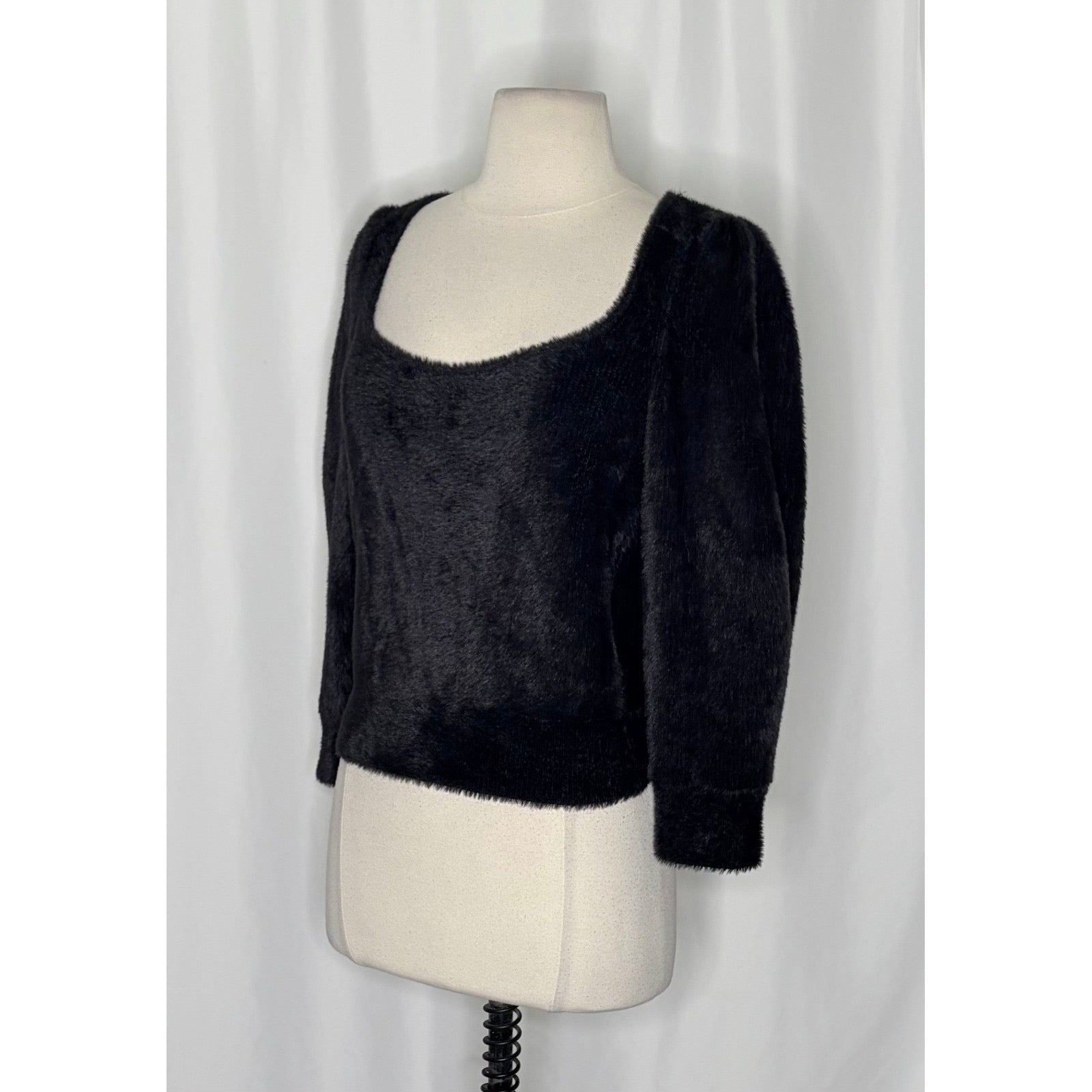 FREE PEOPLE Moonbeam Pullover Black Fuzzy Sweater 3/4 Sleeves Solid Scoop Small