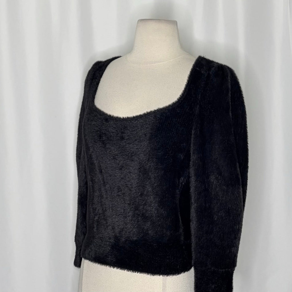 FREE PEOPLE Moonbeam Pullover Black Fuzzy Sweater 3/4 Sleeves Solid Scoop Small