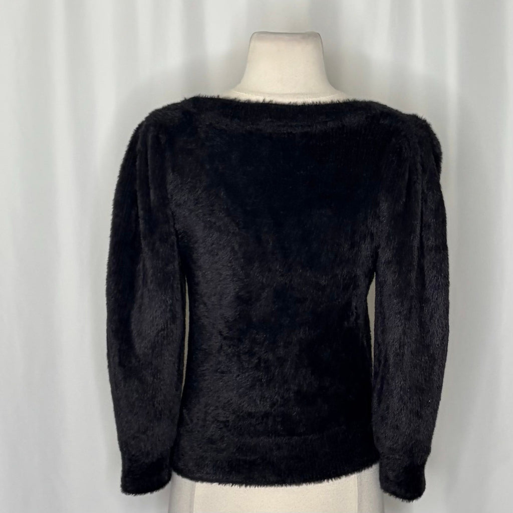 FREE PEOPLE Moonbeam Pullover Black Fuzzy Sweater 3/4 Sleeves Solid Scoop Small