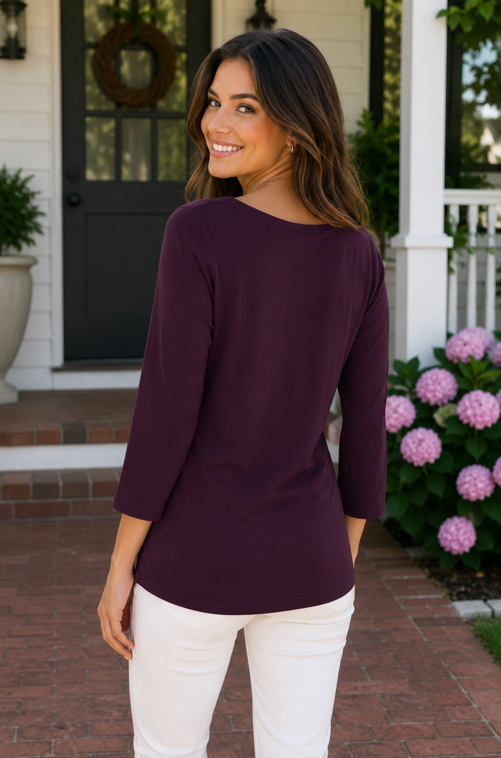 Eileen Fisher Silk Jersey Scoop Neck Top Purple 3/4 Sleeve Small