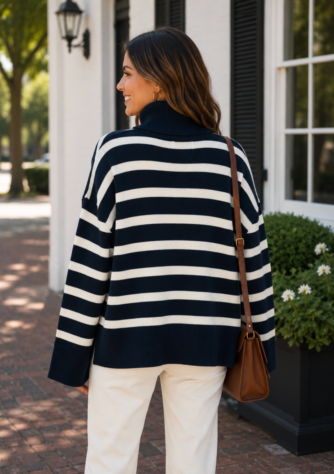 WEWOREWHAT Striped Turtleneck Sweater Navy Blue Ivory Oversized Medium Large