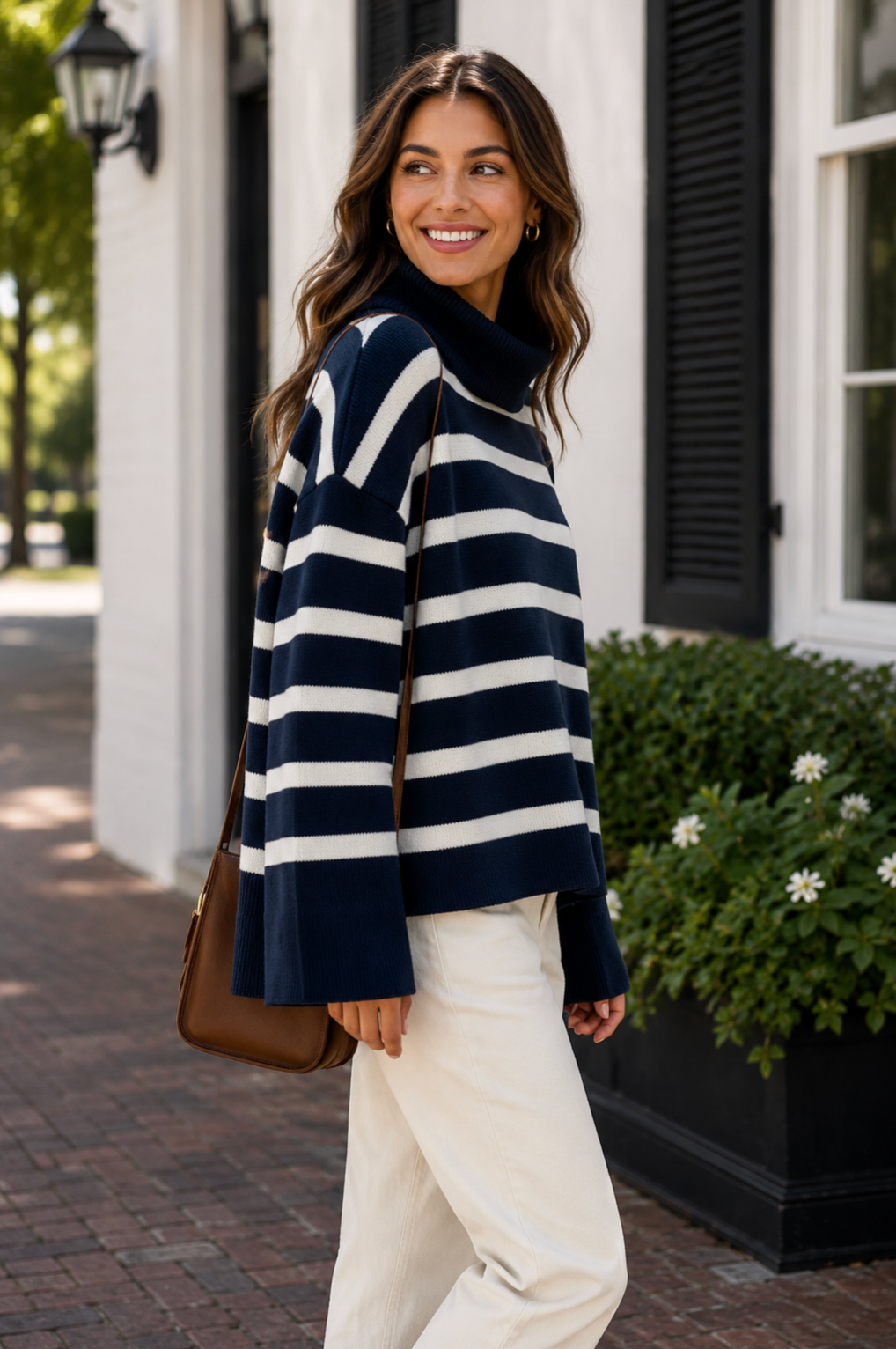 WEWOREWHAT Striped Turtleneck Sweater Navy Blue Ivory Oversized Medium Large