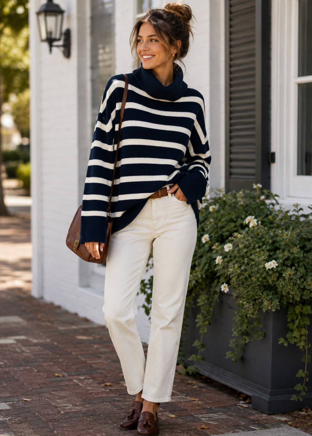 WEWOREWHAT Striped Turtleneck Sweater Navy Blue Ivory Oversized Medium Large