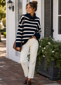 WEWOREWHAT Striped Turtleneck Sweater Navy Blue Ivory Oversized Medium Large