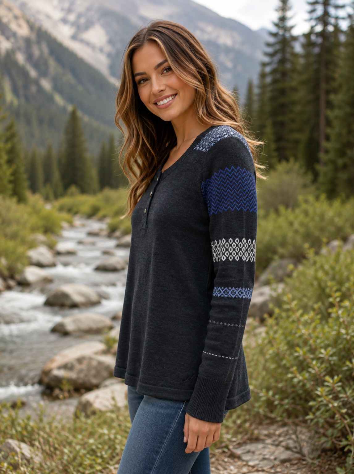 Woolrich Fair Isle Cotton Blend Henley Sweater Medium
