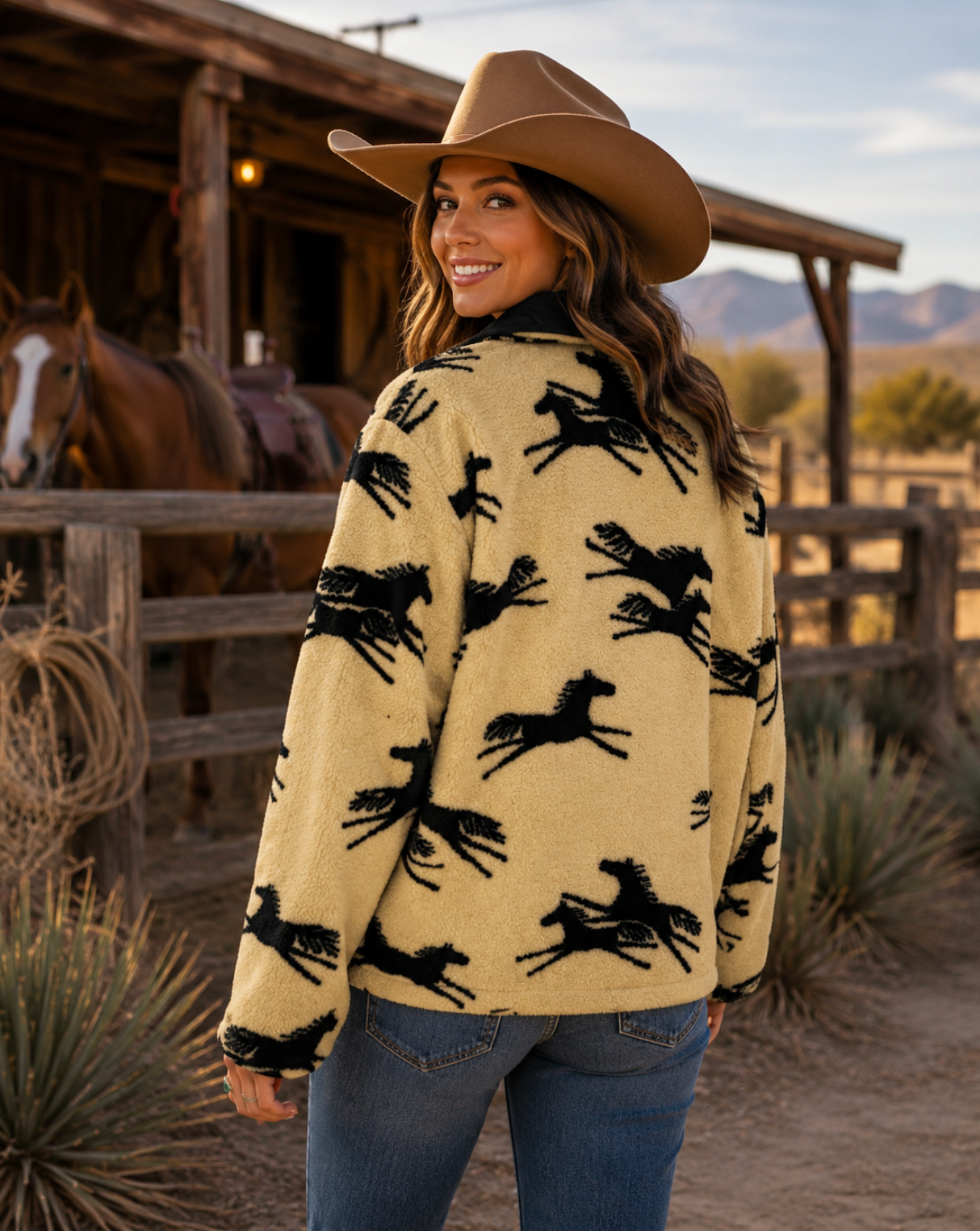 TSUNAMI Equestrian Horse Print Fleece Jacket Faux Suede Trim Buttons Large