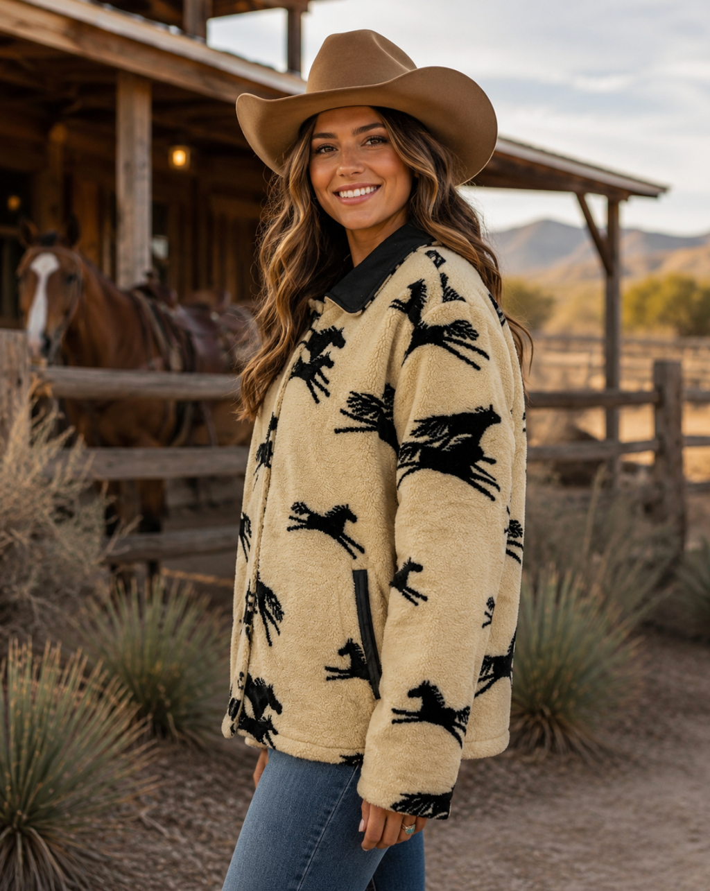 TSUNAMI Equestrian Horse Print Fleece Jacket Faux Suede Trim Buttons Large