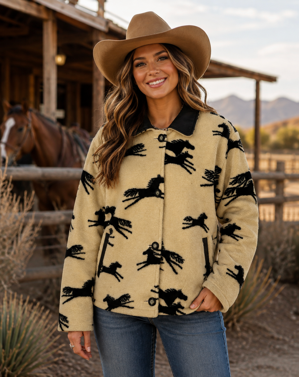 TSUNAMI Equestrian Horse Print Fleece Jacket Faux Suede Trim Buttons Large