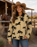 TSUNAMI Equestrian Horse Print Fleece Jacket Faux Suede Trim Buttons Large
