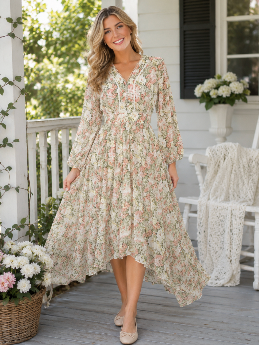NWT IVY CITY CO Bree Floral Dress Midi Maxi Lace Trims Feminine Romantic Large