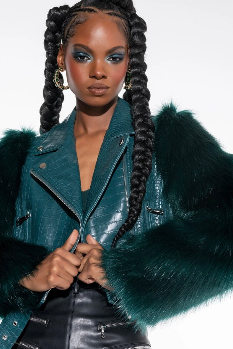 AZALEA WANG Nolla Faux Fur Arms Croc Moto Jacket Jade Green Vegan Leather Medium