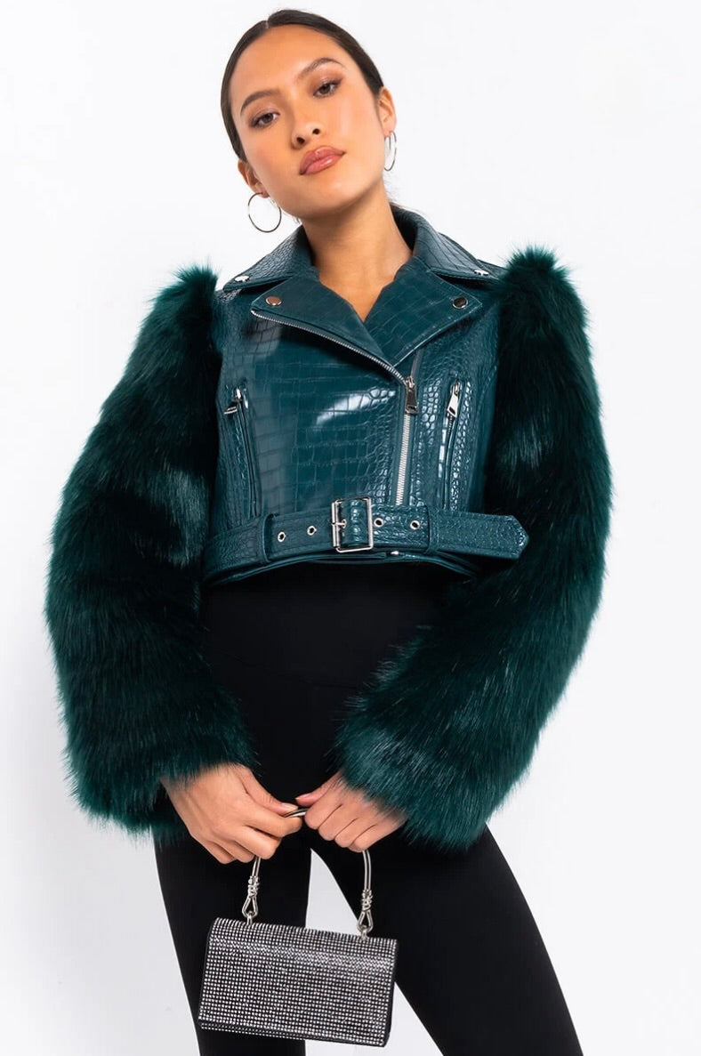AZALEA WANG Nolla Faux Fur Arms Croc Moto Jacket Jade Green Vegan Leather Medium